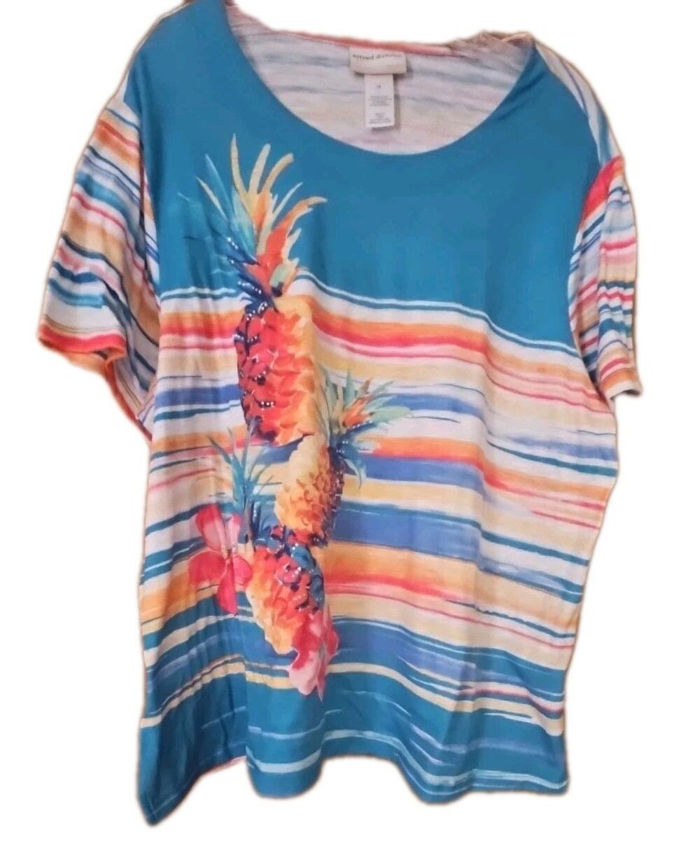 Alfred Dunner Colorful Stripe Pineapple Top Blouse Womens 1X Bright Cruise Wear
